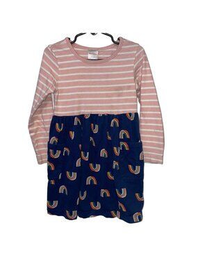 Hanna Andersson Girls Long Sleeve Dress With Pockets Pink Stripes & Rainbow Prin